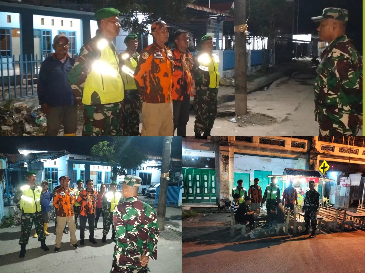 Sertu Peris Panggabean bersama personel Koramil 11/TB dan anggota Pemuda Pancasila Tanjung Beringin saat melaksanakan patroli Siskamling guna menjaga keamanan dan ketertiban masyarakat di wilayah Kecamatan Tanjung Beringin, Sergai, Selasa (2/6/2026). (Doc/kolase/istimewa)